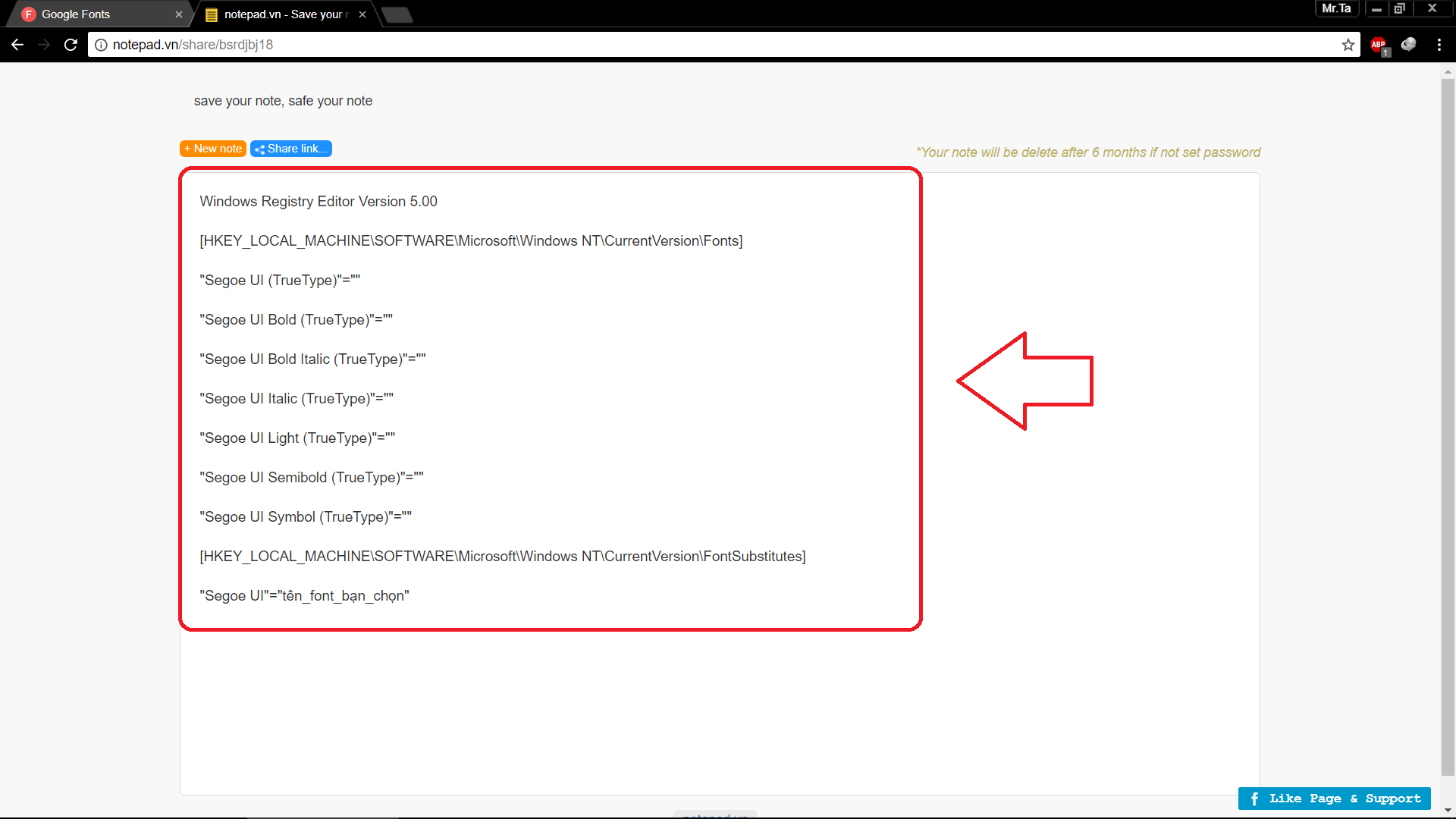 Copy phần đoạn mã này vào File Note để thay đổi font chữ windows 10